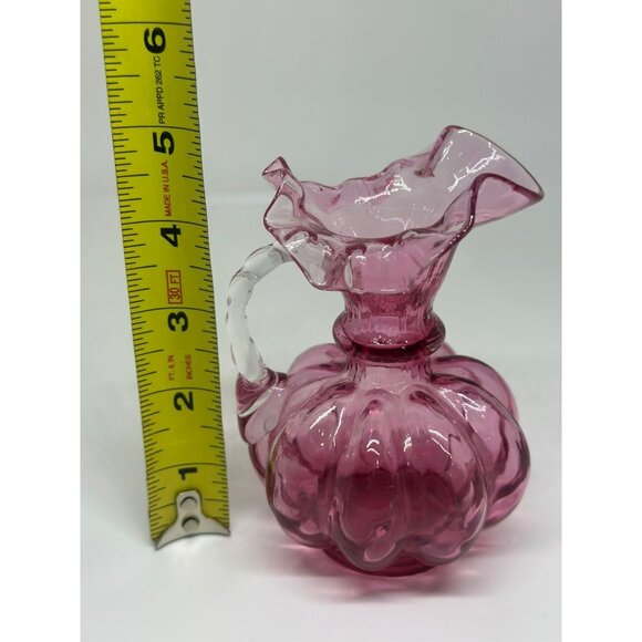 VTG Fenton Cranberry Glass Melon Pitcher – 5" Ruffled Edge Twisted Clear Handle - Picture 3 of 5